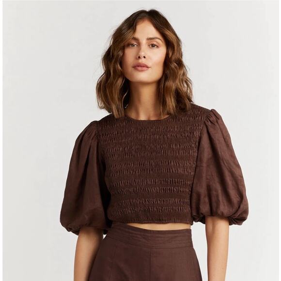 Dissh brown frankie linen smocked crop top - Picture 1 of 7